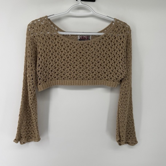 Two One Two Streetwear Tops - Y2K Fairy Crochet Crop Top‎ Bell Sleeve Sheer Knit Boho Festival Gold Metallic M